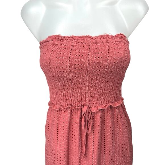 Jessica Simpson Pink Strapless Tube Ruffle Embroidered Eyelet Midi Dress Size XS - Picture 3 of 4